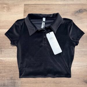NWT Alo Yoga Choice Velour Cropped Polo Shirt Black Womens Size XS
